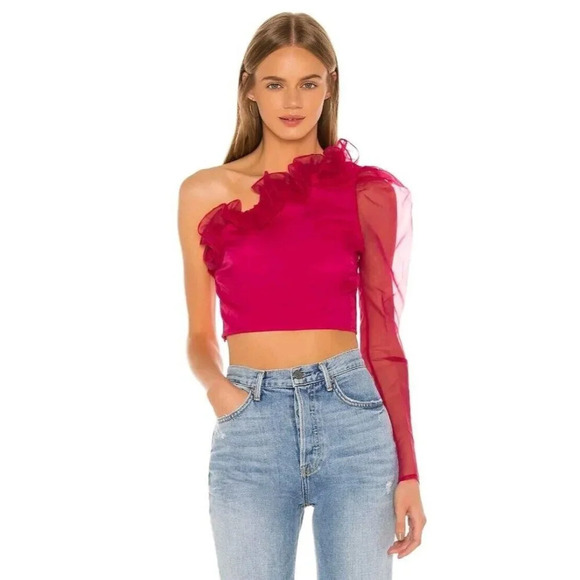 Lovers + Friends Tops - Lovers + Friends Bernice Hot Pink Ruffle Sheer One Shoulder Blouse Crop Top XXS